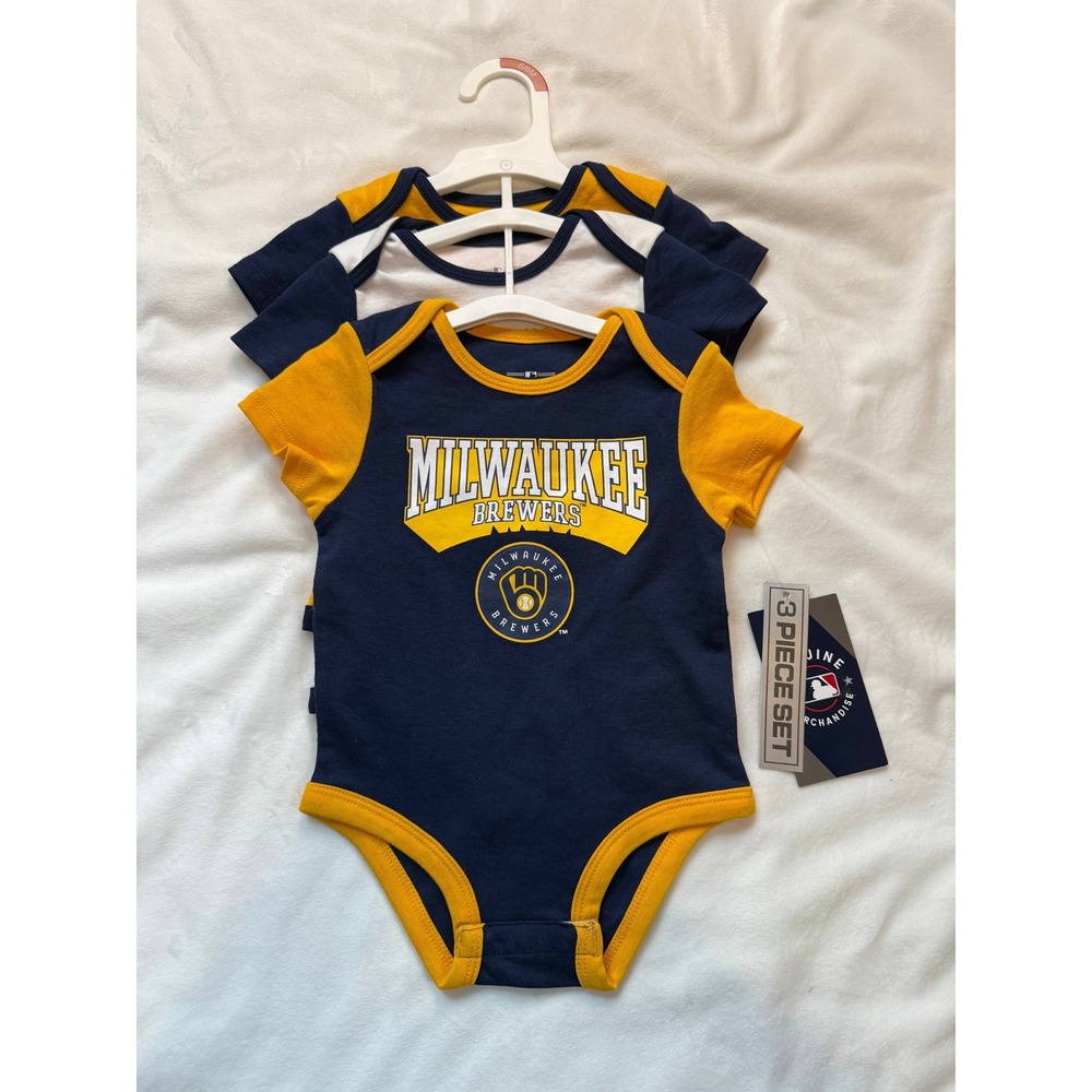 MLB Milwaukee Brewers Baby Bodysuit 3-Piece Set Navy Gold White 6-9M